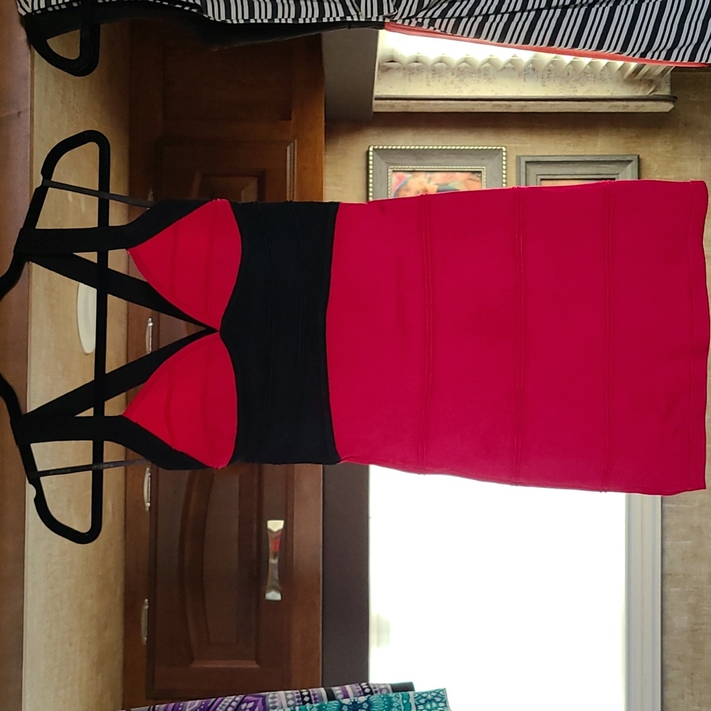 Pink and Black Bebe Bondage Dress